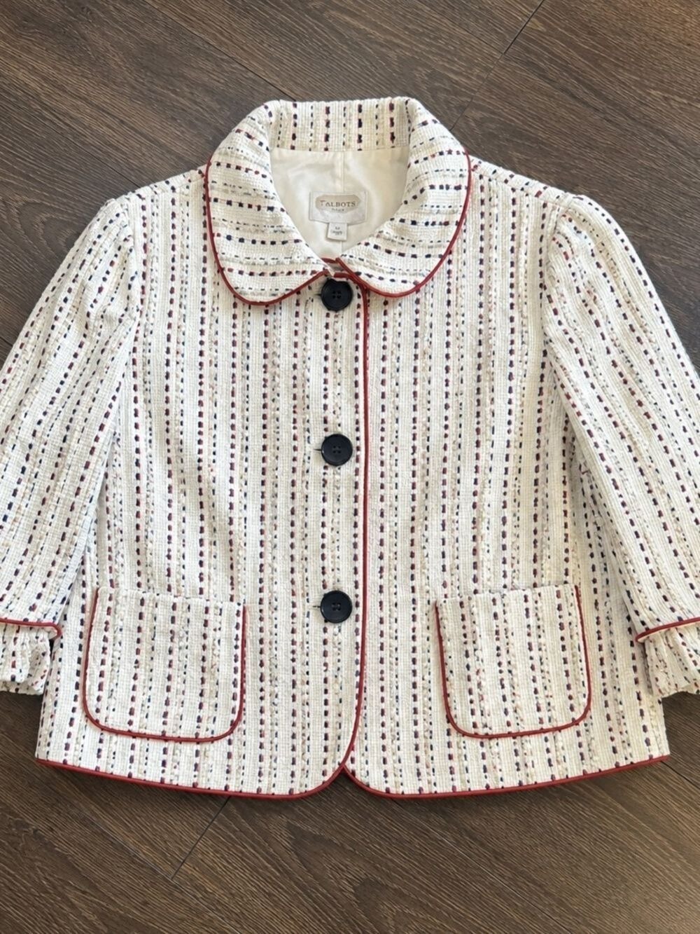 Talbots Petites Cream Striped Jacket Red Piping Navy Trim Blazer Women's 10P